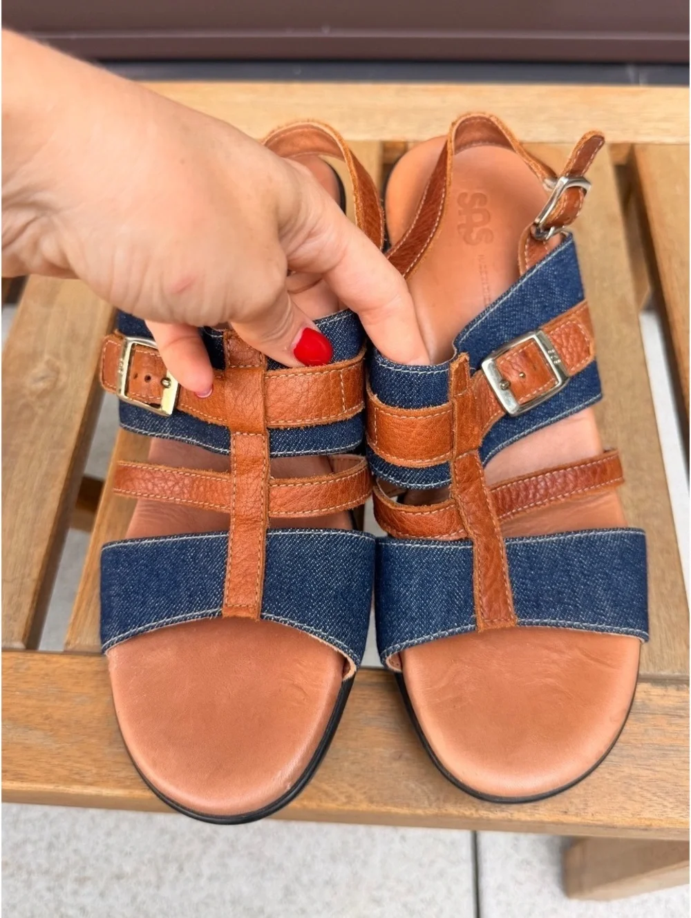 SAS Layla T-Strap Wedge Sandal Blue Jean and Brown Leather Size 9M